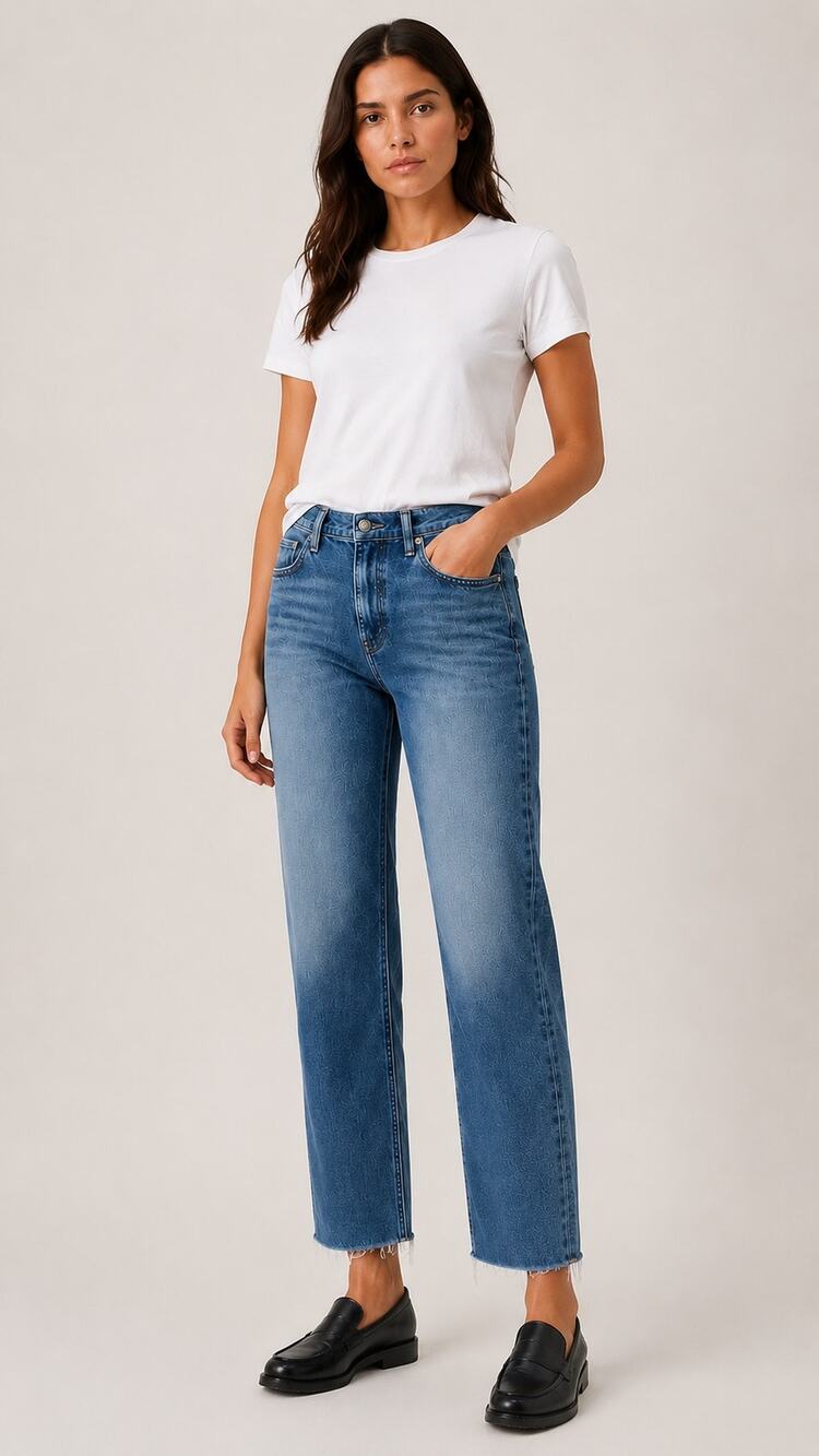 UNIQLO Straight High Rise Jeans Women’s 29 Blue Raw Hem 100% Cotton Ankle
